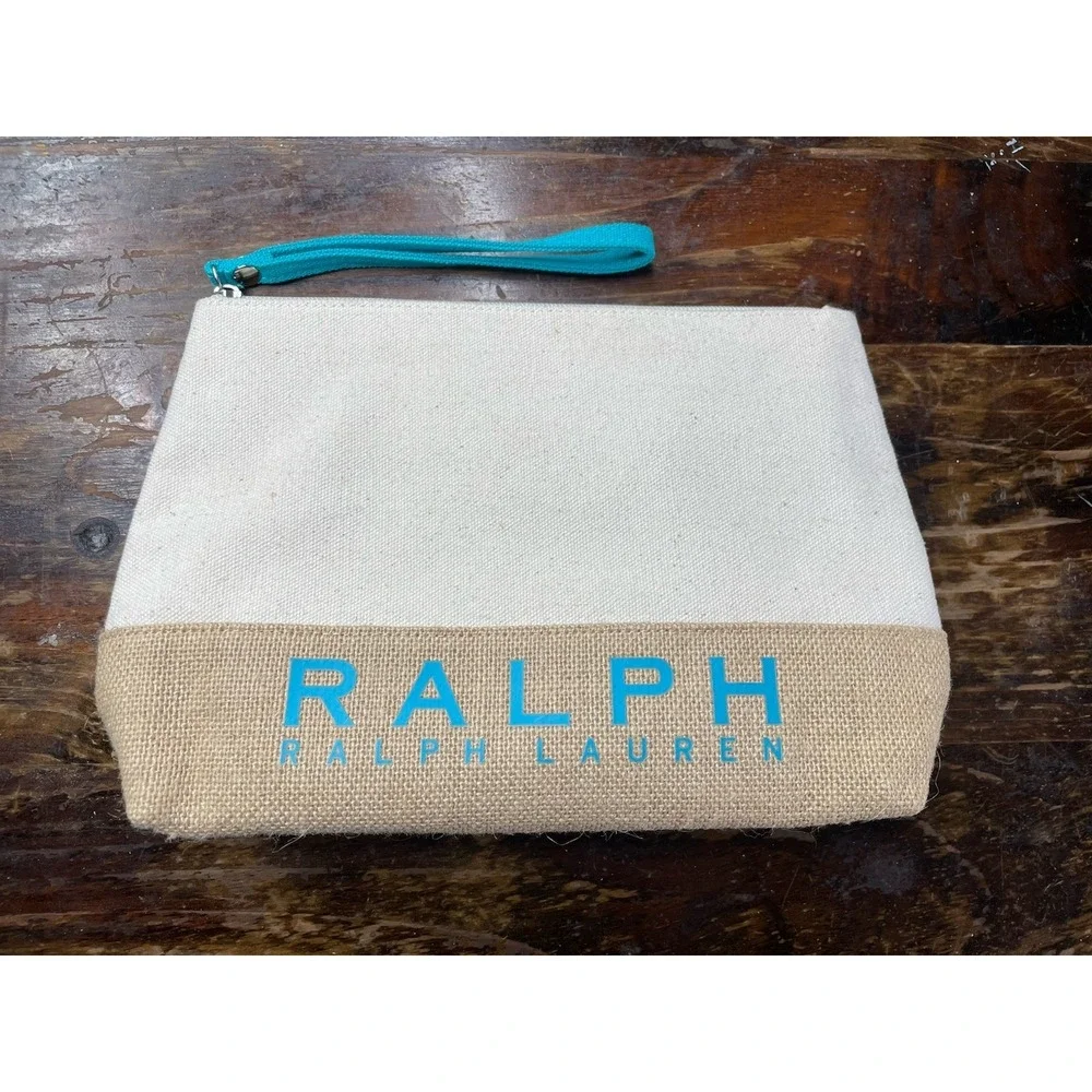 Ralph by Ralph Lauren Canvas Travel Pouch Makeup Case w/ Zipper White & Blue New